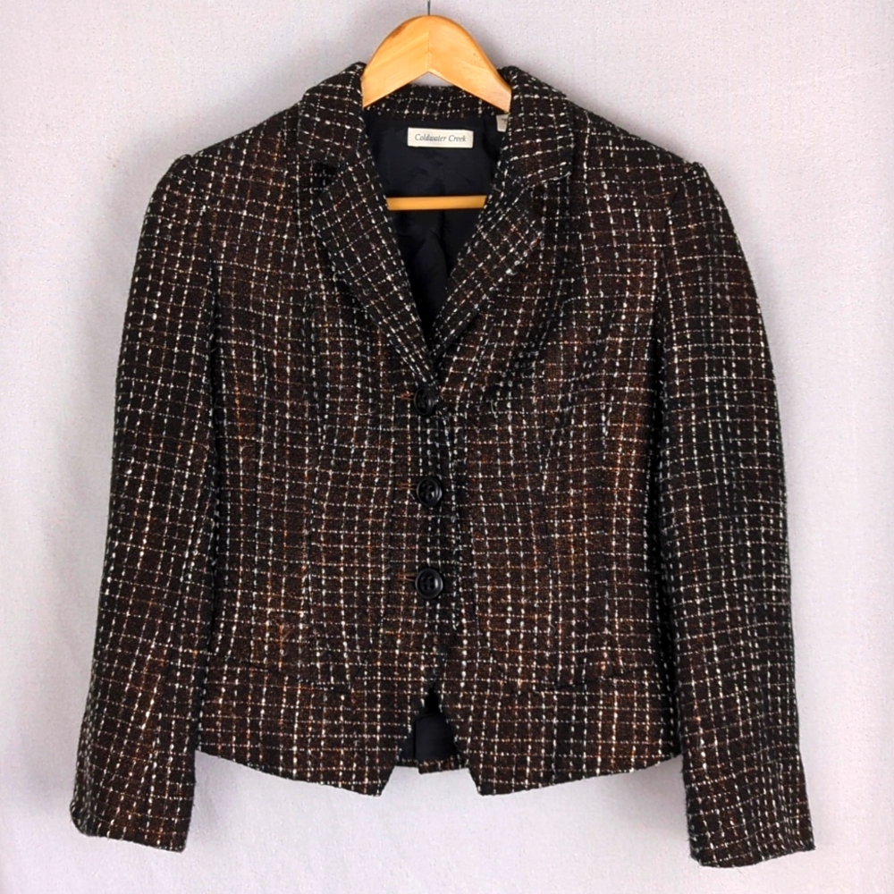 COLDWATER CREEK Women's Brown Black Tweed Crop Jacket Blazer